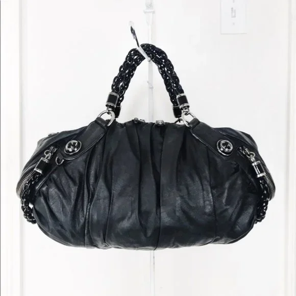 GUCCI Galaxy Two-Way Bag Black Leather Vintage Medium Satchel Purse Silver Chain - Picture 9 of 13